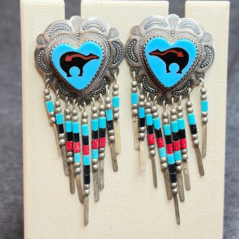 QT Vintage Sterling Silver Turquoise Heart Bear Dangle Earrings Southwestern